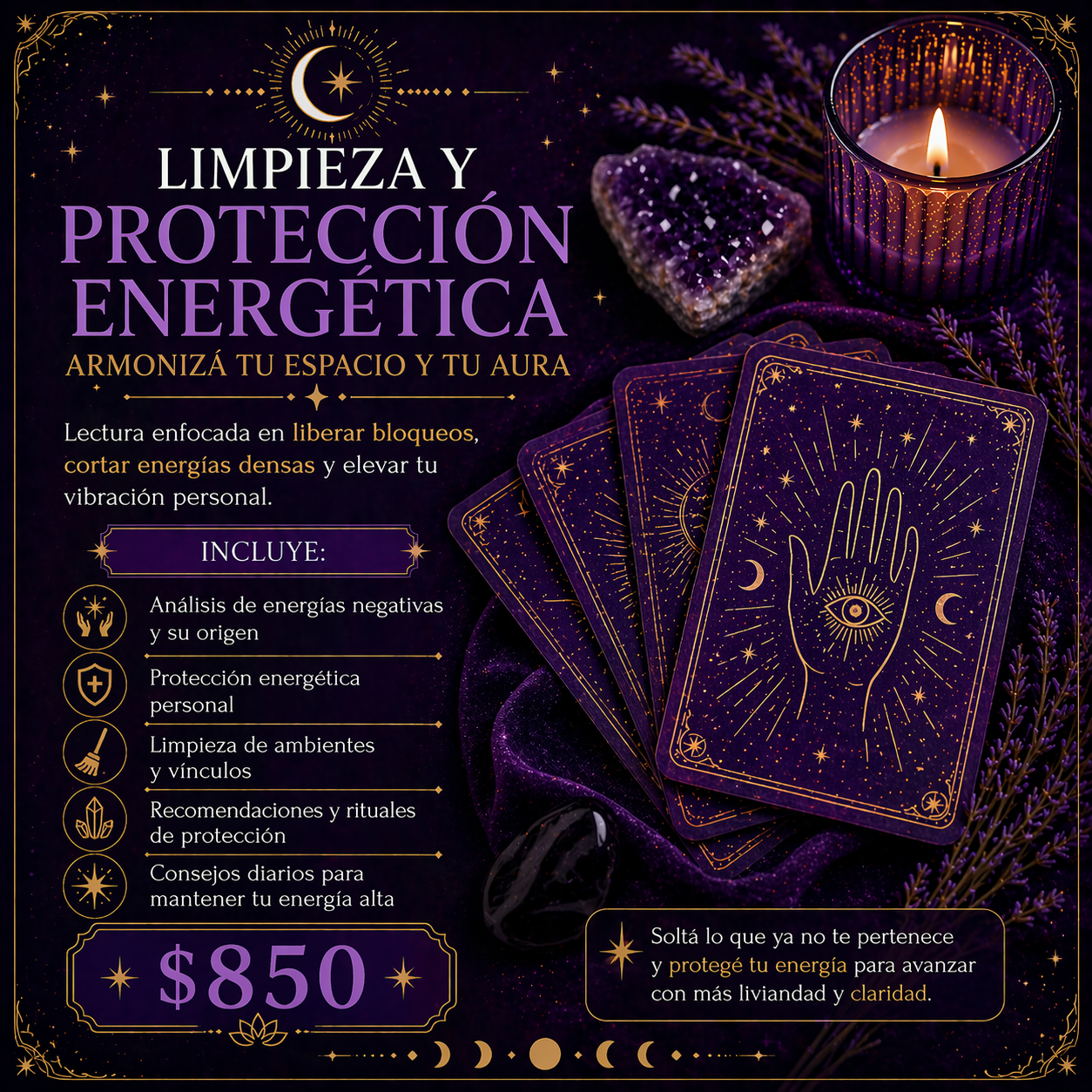 Cartas de tarot y vela para limpieza energética del hogar