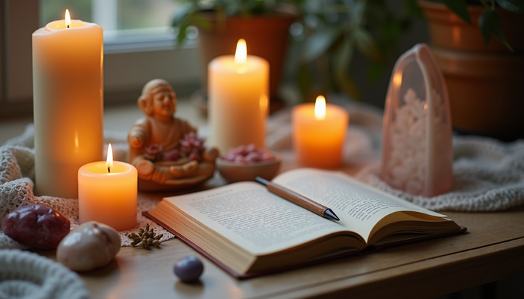 Vista a nivel de ojo de un altar con velas encendidas, cristales y un cuaderno para escribir intenciones