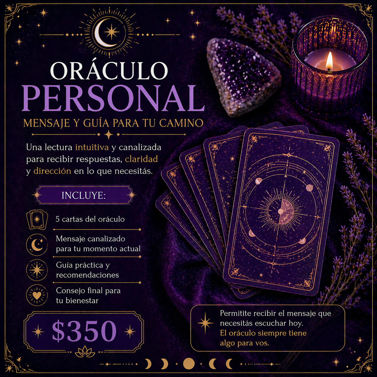 Promoción Oráculo Personal con cartas, vela y cristales.