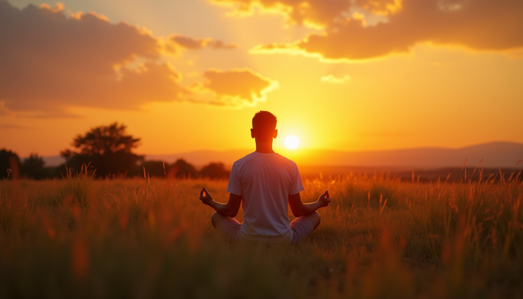 Plano medio de una persona meditando al atardecer en un campo abierto