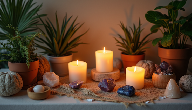 Vista cenital de un altar con velas encendidas, cristales y plantas para ritual de fin de mes