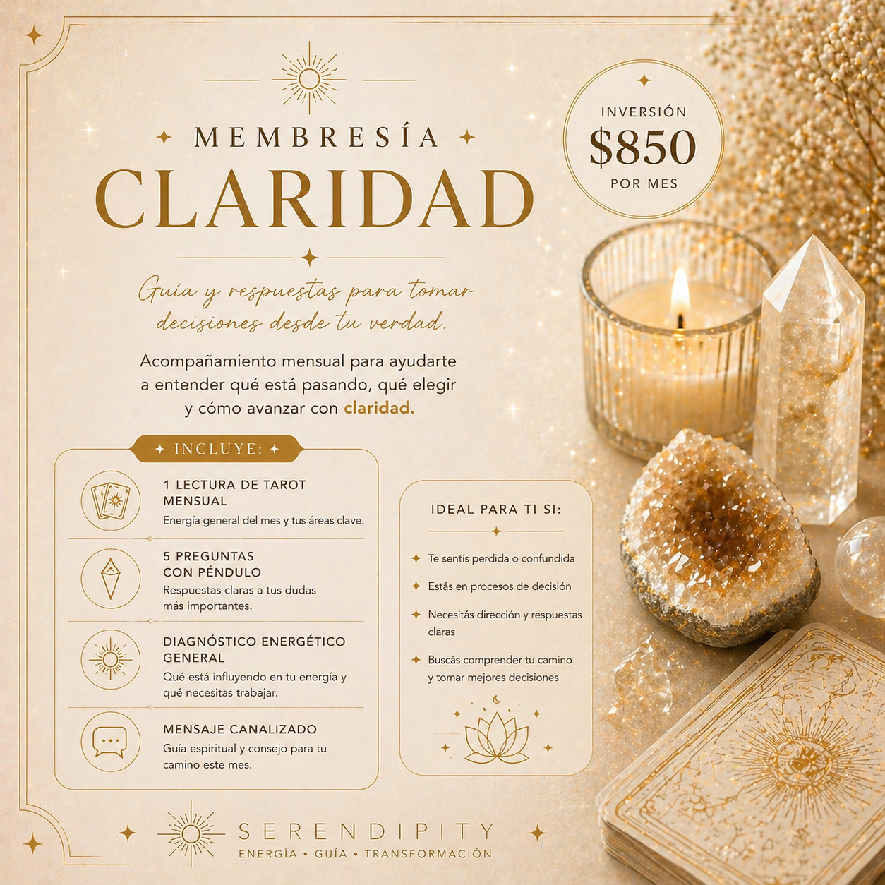 Anuncio de Membresía Claridad con tarot y limpieza energética.