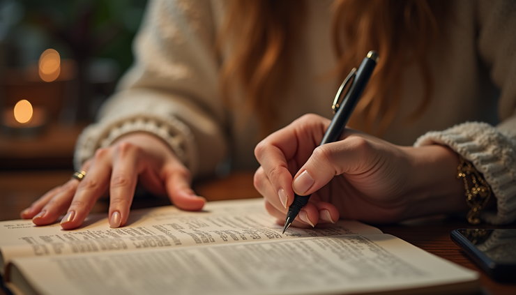 Plano detalle de manos escribiendo en un diario durante un ritual de cumpleaños