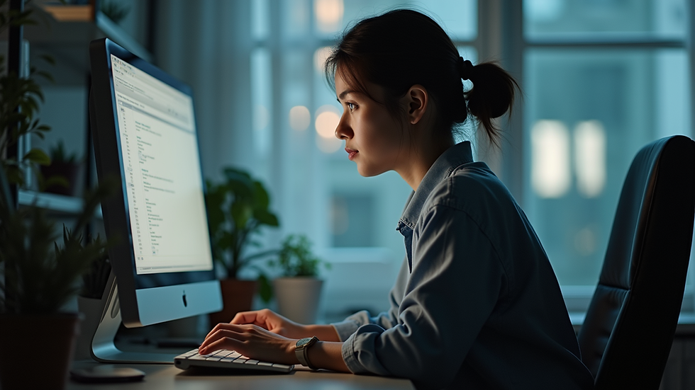 Vista a nivel de ojo de una persona meditando frente a una computadora