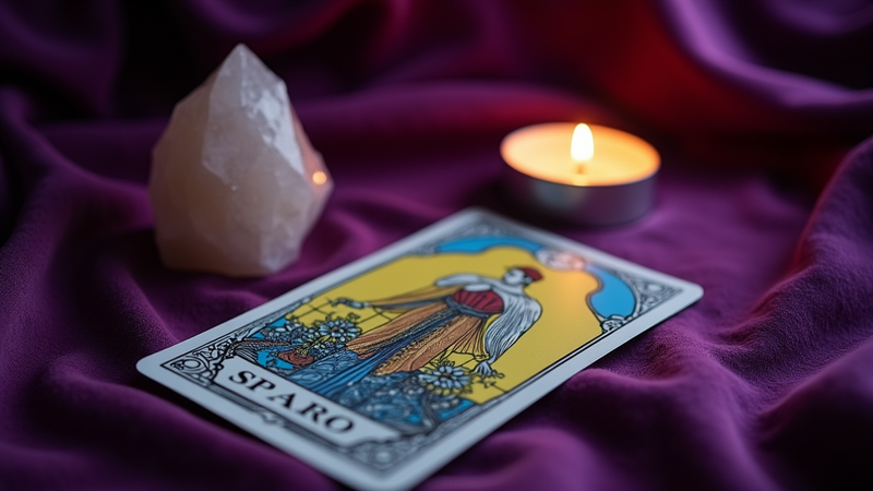 Carta de tarot, cuarzo y vela para sanar la niña interior.