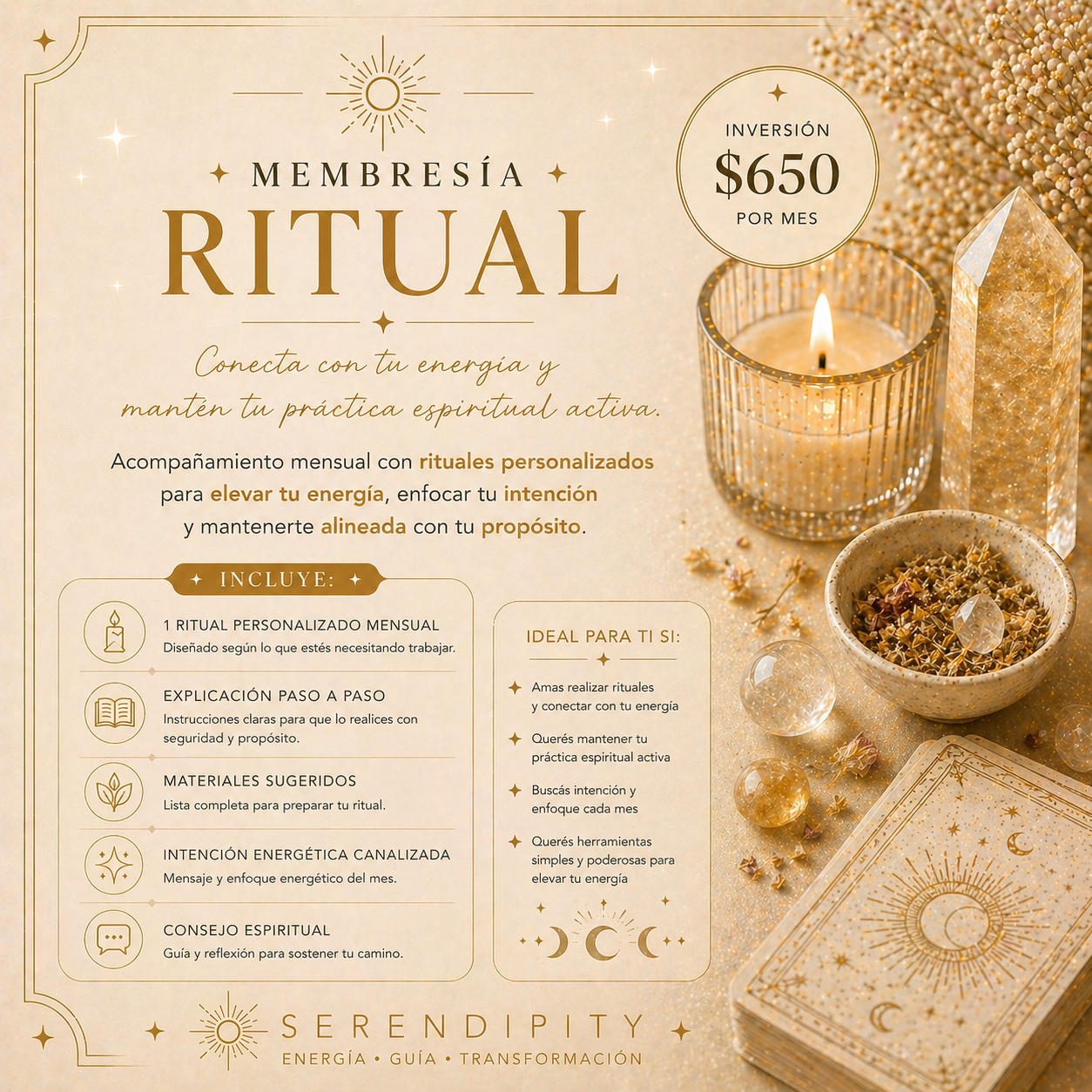 Anuncio de Membresía Ritual por $650 mensuales para limpieza energética del hogar.