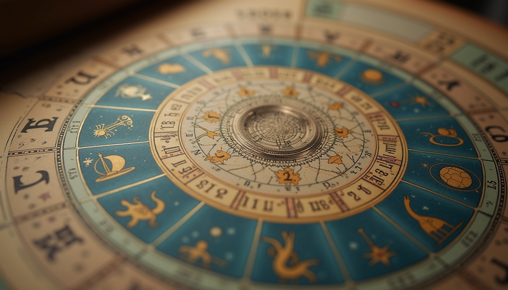 Vista de cerca de un calendario astronómico con símbolos zodiacales