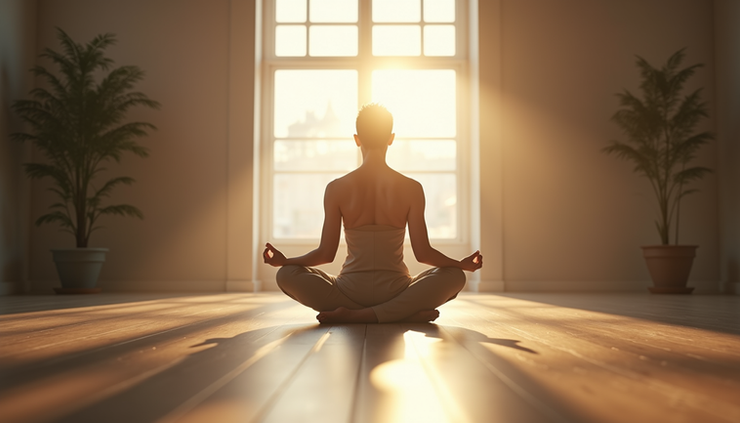 Vista a nivel de los ojos de una persona meditando en un espacio tranquilo con luz natural