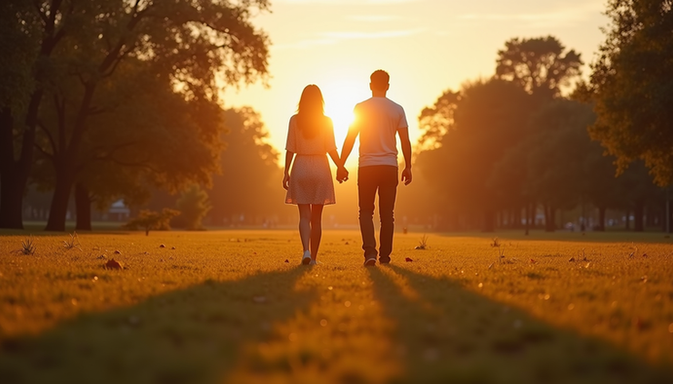 Vista a nivel de ojo de una pareja caminando de la mano en un parque al atardecer