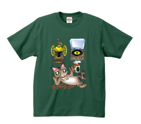 寝そべる猫のプリンちゃんの珈琲タイム - Tシャツ(濃色)