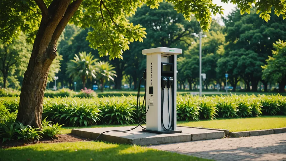 Eye-level view of a charging station surrounded by greenery