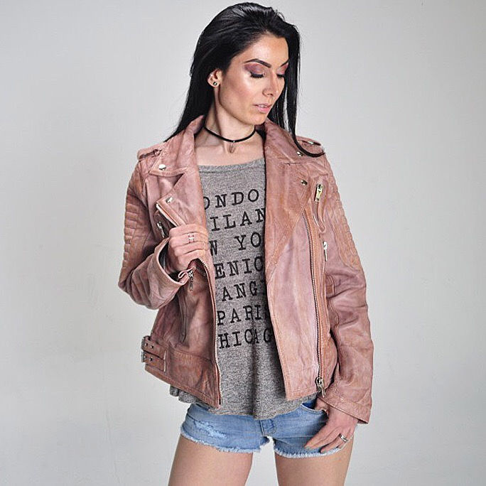 Thumbnail: GABI- Waxed Brown Quilted Moto Sheepskin Leather Jacket