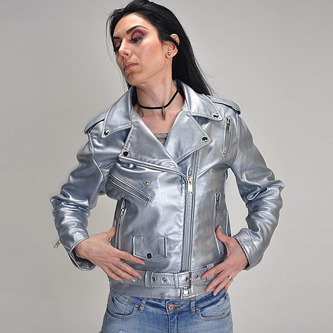 Thumbnail: GAGA- Silver Moto Sheepskin Leather Jacket with Belt