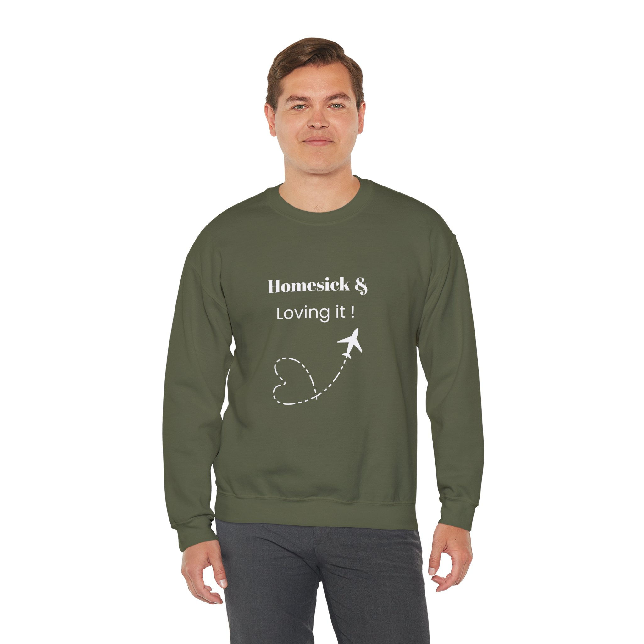 *Homesick and Loving It Crewneck Sweatshirt — Travel Heart & Airplane Graphic