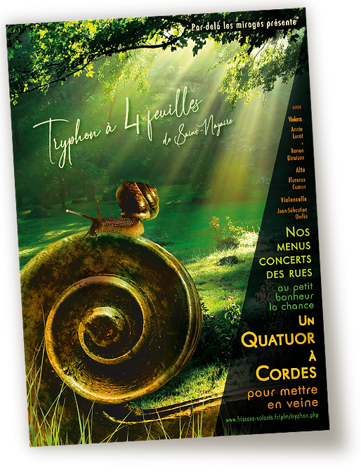 Affiche Tryphon à 4 feuilles : dans un sous-bois verdoyant et ensoleillé. Au premier plan, une volute de violon surmonté d'un escargot