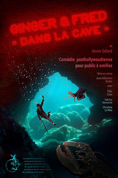 Affiche Ginger et Fred dans la cave. Les deux personnages en costumes évoluent avec aisance dans une grotte sous-marine.