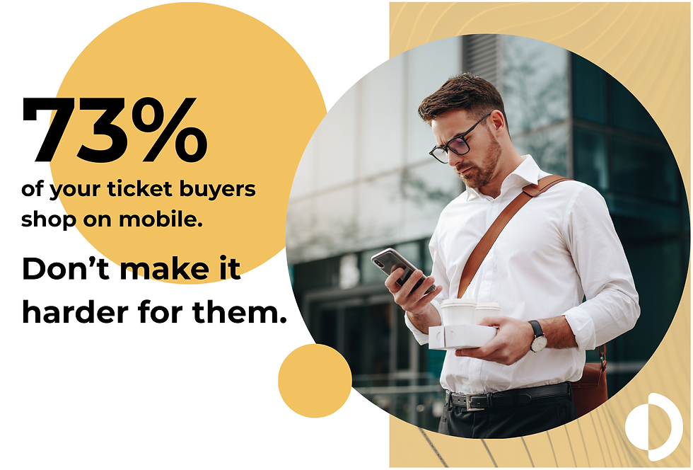 A busy person on the go, carrying coffee, looks down at a mobile device and considers a purchase. Text says, "73% of your ticket buyers shop on mobile. Don't make it harder for them."