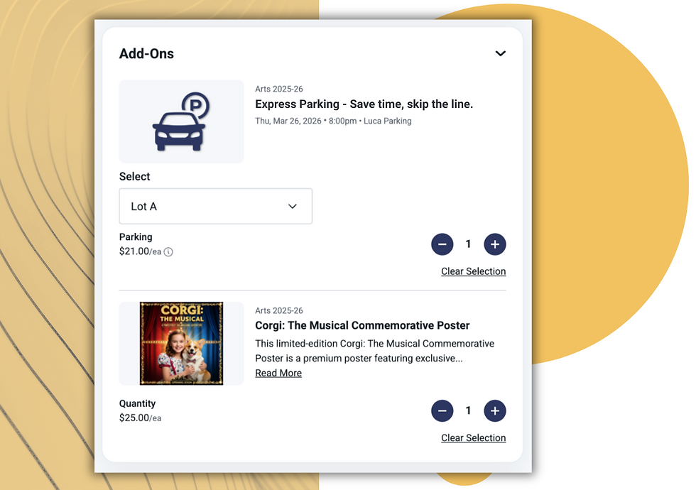 A screenshot shows two add-on cross-sell examples for the live event ticketing context. The first is for parking. The second is for a commemorative poster.