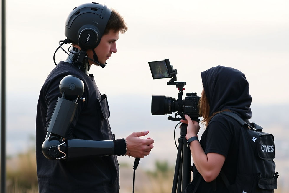 Young man with robotic prosthetic arm and headset talks with a woman filming on a tripod outdoors.