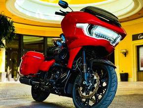2025 Harley-Davidson CVO Road Glide ST parked on Vegas Strip at night