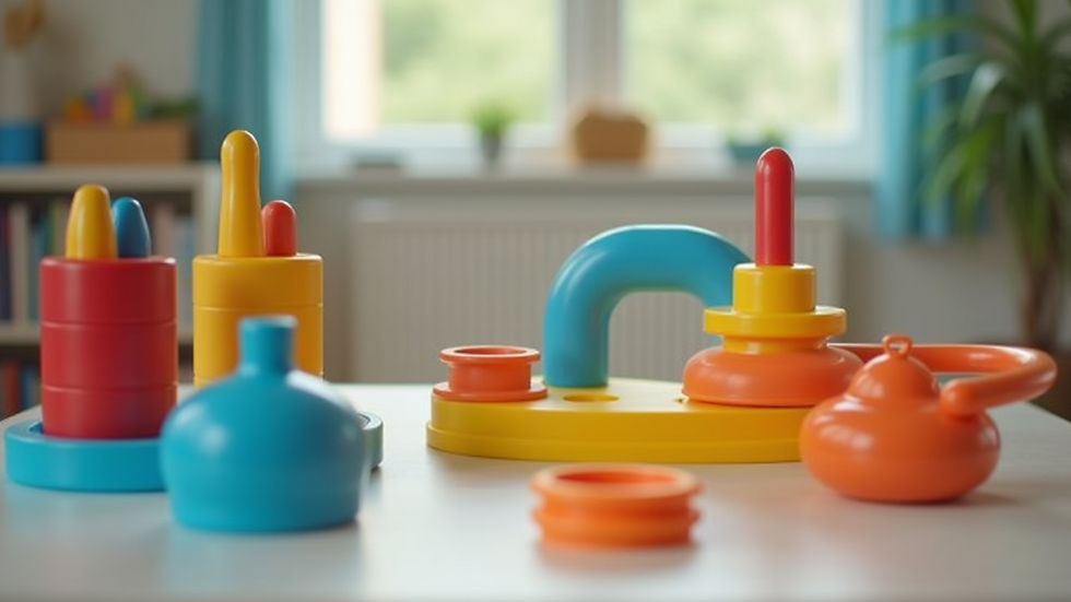 Close-up view of a therapy activity setup with colorful toys and tools