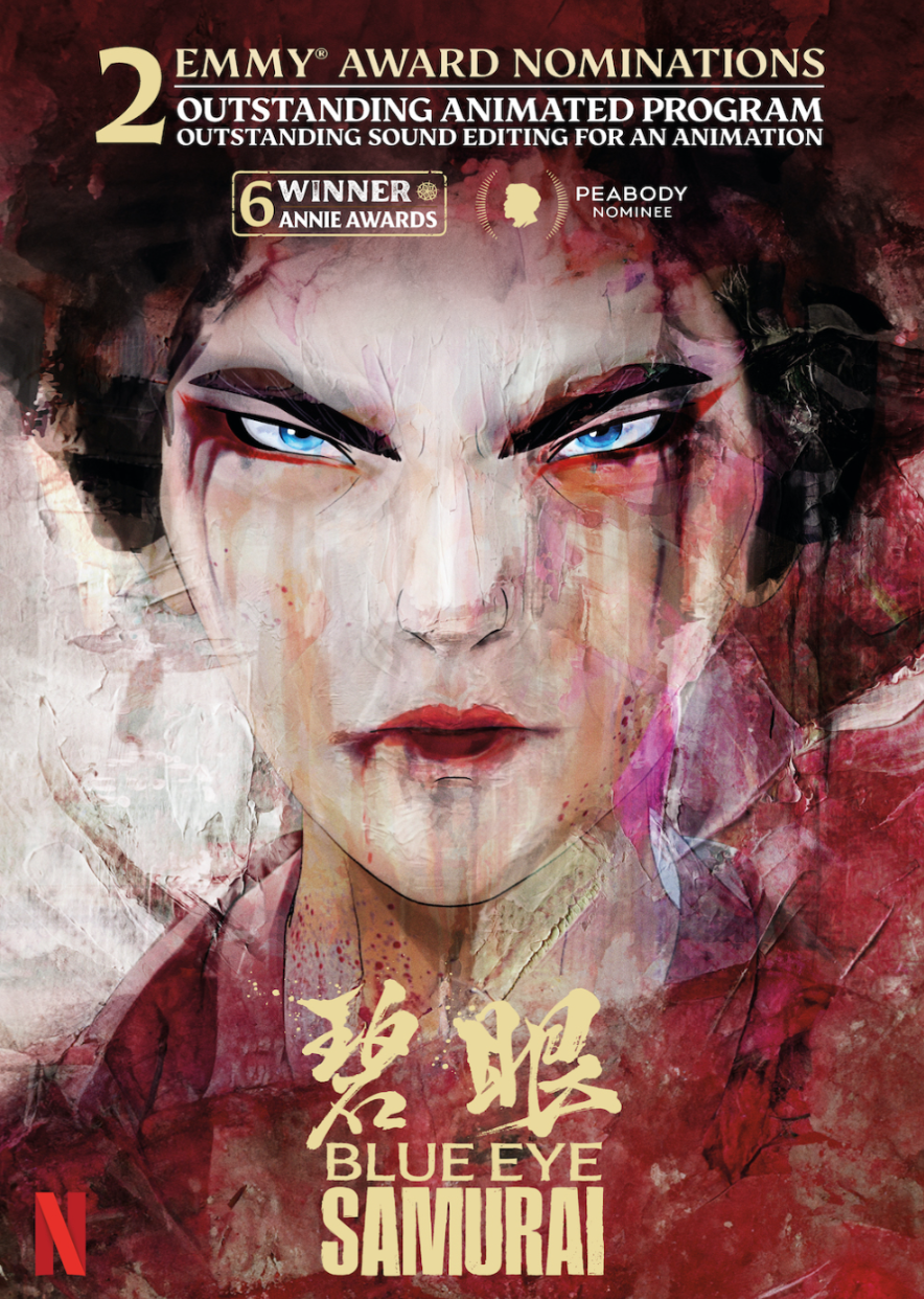 Poster of The Blue Eye Samurai winning their 2nd Emmy award nomination for outstanding animated programs in the 2024 Creative Arts.