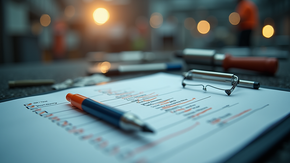 Close-up view of maintenance checklist and tools on industrial site