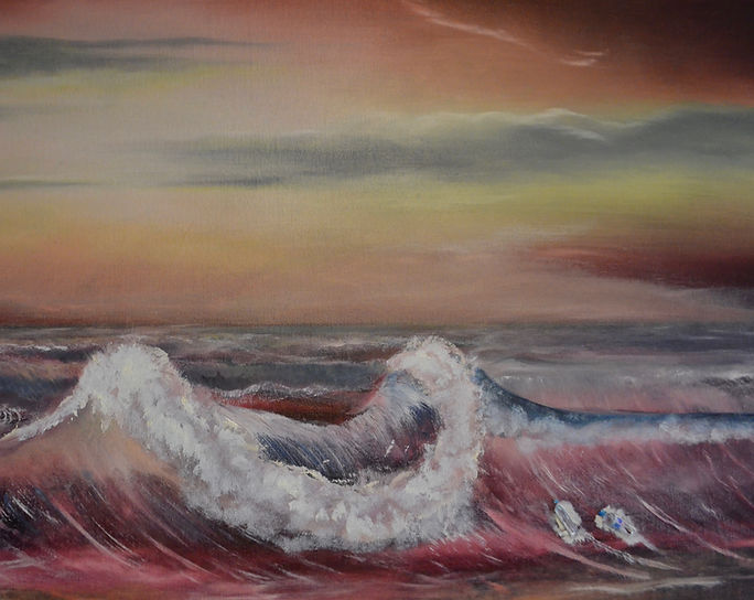 Medium Oil Painting and collage of a crashing wave carrying two plastic bottles into shore by John Baldwin aka cracked painter. Size 91cm x 61cm approx.