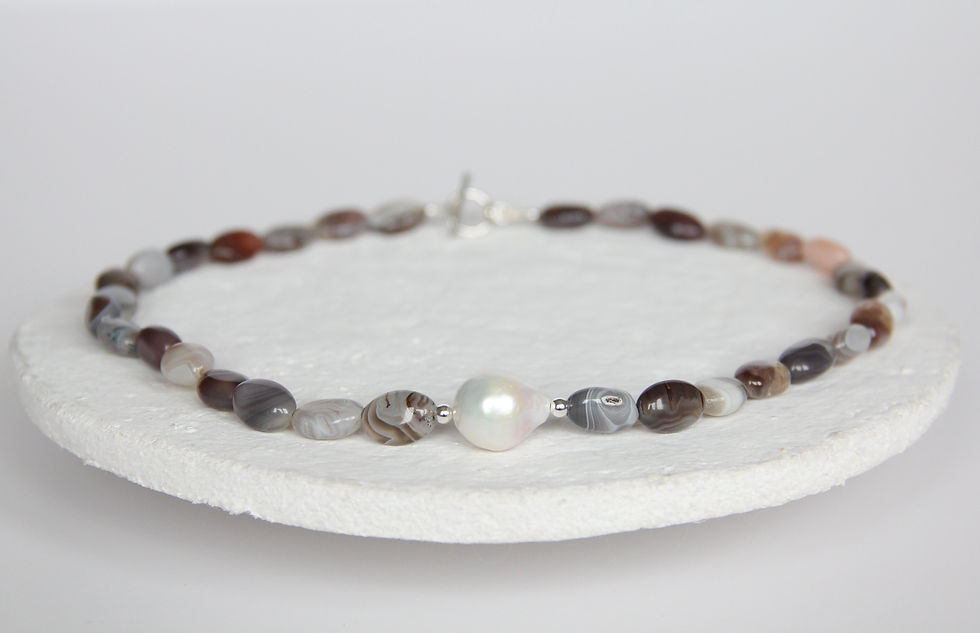 Elegant pearl necklace with brown and grey beads, Kleynot Jewellery.