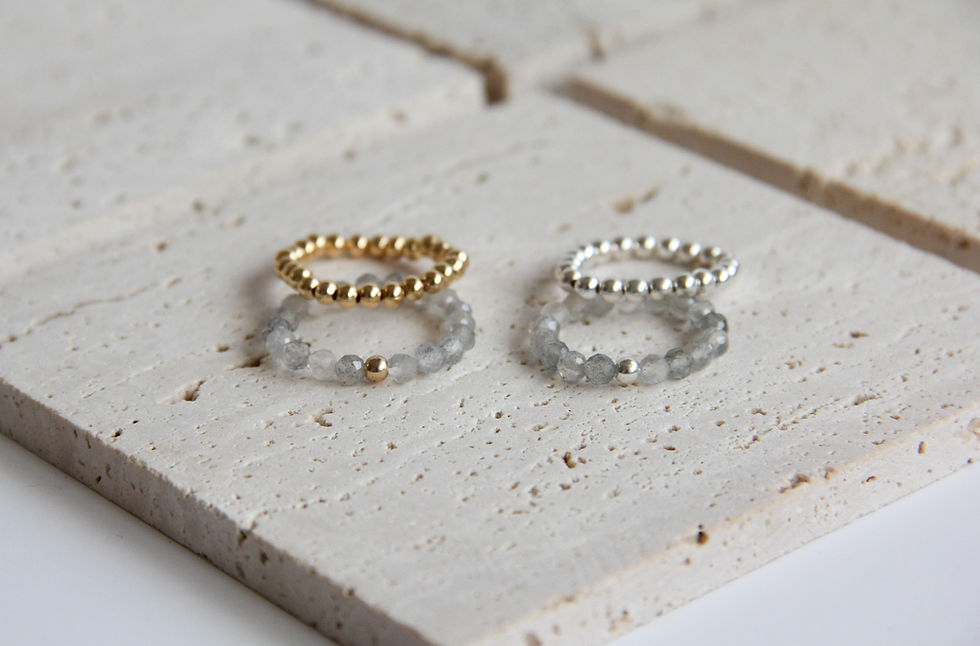labradorite beaded stretch rings set with gold filled beaded ring and 925 sterling silver beaded ring
