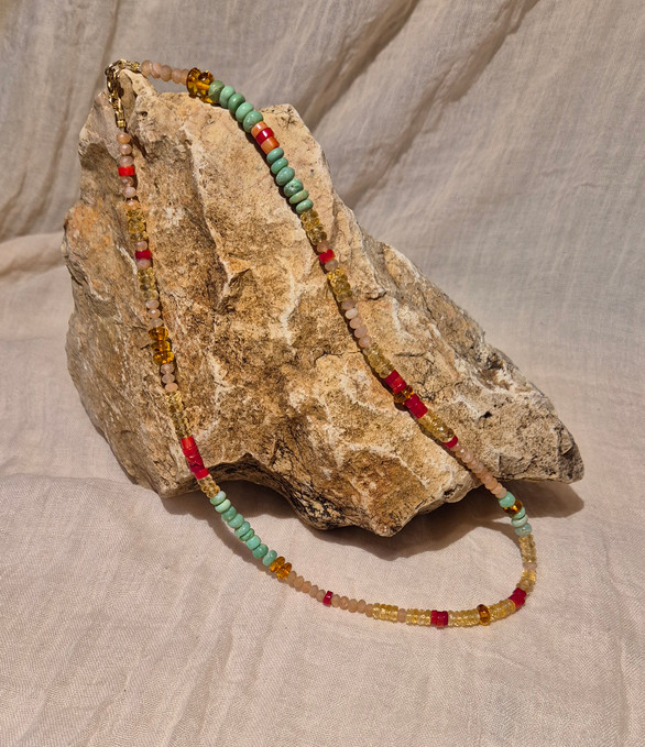 "Maala" necklace is amazing spring and asymmetrical in shades of green, yellow and red from chrysopars stones, corals, orange