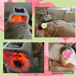 Collage of woman having a facial and LED light therapy