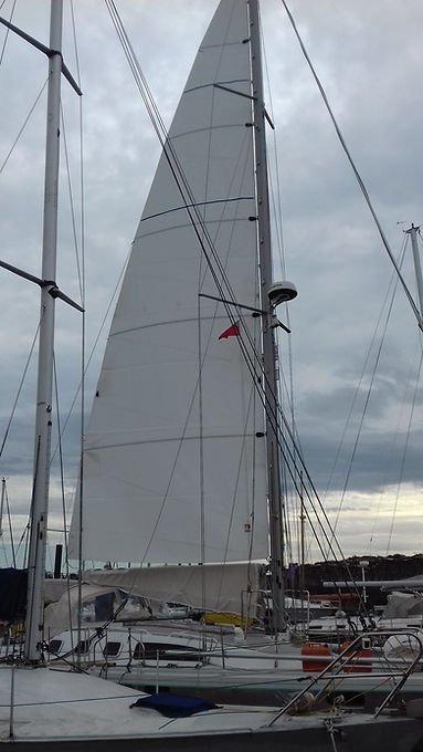 a docked boat with a large white sail