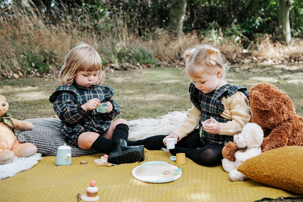 Two toddlers in plaid dresses have a tea party with toy cups on a picnic blanket, surrounded by teddy bears in a grassy outdoor setting. Lifestyle shoot in Durham