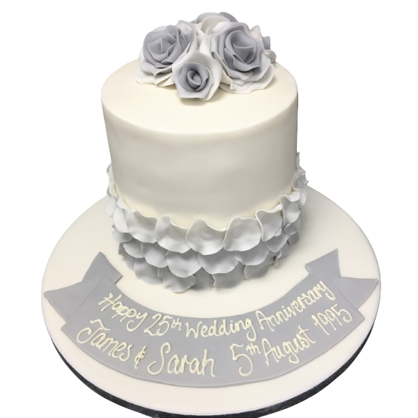 Tall bespoke cake adorned with cascading rose petals, perfect for celebration in Solihull, West Midlands.