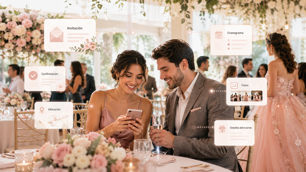 Invitados en una celebración consultan desde el celular invitación, confirmación, ubicación, fotos y detalles del evento.