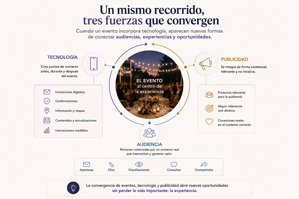Infografía que muestra cómo tecnología, audiencia y publicidad convergen alrededor de un evento mediante interacción, datos, contexto y relevancia.