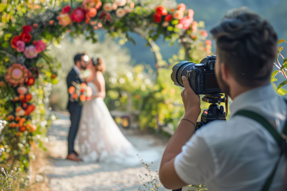 Fotógrafo capturando una boda al aire libre entre flores