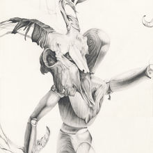 abstract, surreal graphite sketch of a mannequin and skull.