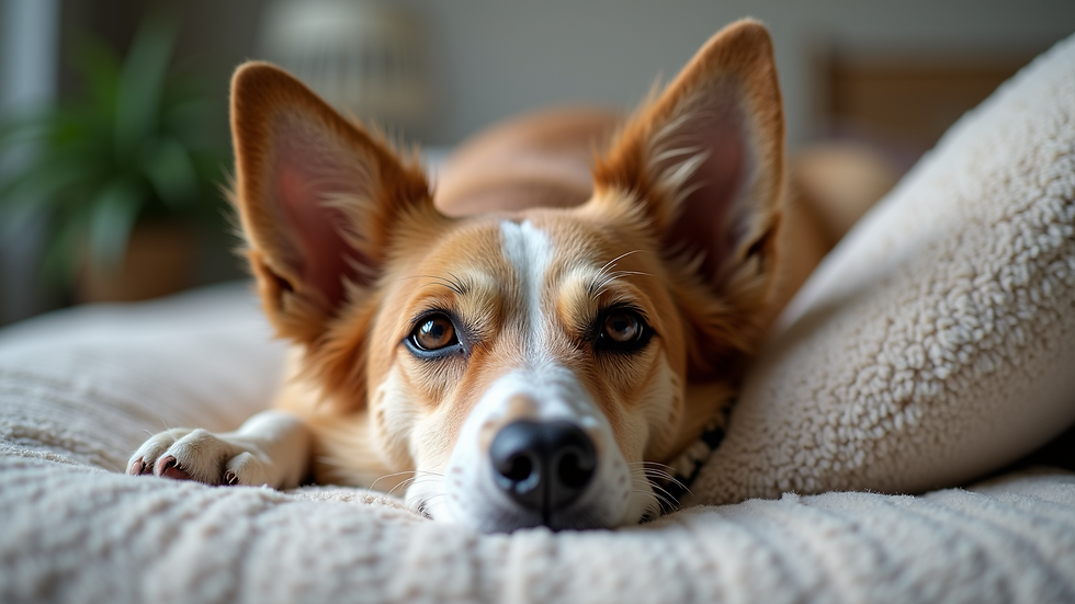 Eye-level view of a senior dog resting comfortably on a soft bed