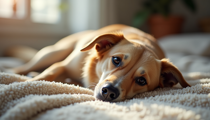 Eye-level view of a senior dog resting peacefully on a cozy blanket