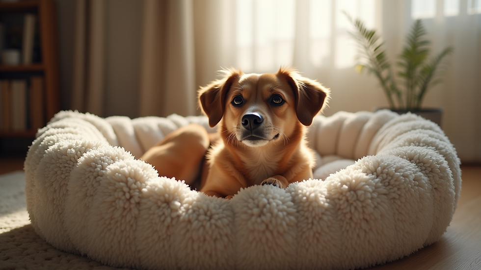 Close-up view of a dog lying on a comfortable bed