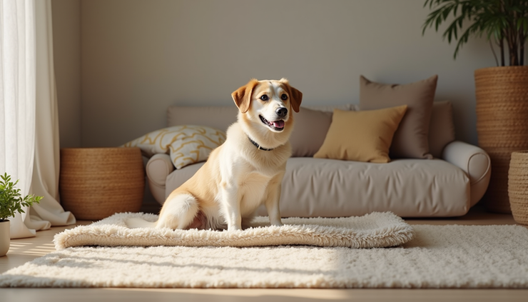 Eye-level view of a cozy pet corner with soft bedding and a ramp for easy access