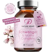 Eine kleine Flasche mit der Aufschrift: Nature Heart Schwanger & Mama Complete Nahrungsergänzung. 60 Kapseln.