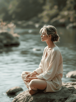 Eine junge, blonde Frau die ihre Haare zu einem Dutt, zusammengesteckt hat, sitzt mit geschlossenen Augen auf einem sehr großen Stein, an einem Fluss. Sie trägt ein langes, dünnes Hemd und hat eine Yoga ähnliche Sitzhaltung eingenommen. Sie versucht eine Entscheidungsblockade zu verstehen. Man sieht den Fluss und im Hintergrund eine felsige Böschung und Bäume. mentale-Klarheit-im-alltag.