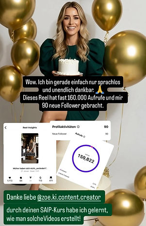 Eine junge Frau mit langen, blonden Haaren, sitzt auf einem Hochstuhl. Sie trägt ein grünes Kleid. Um sie herum sind goldene Luftballons. affiliate-marketing-content.