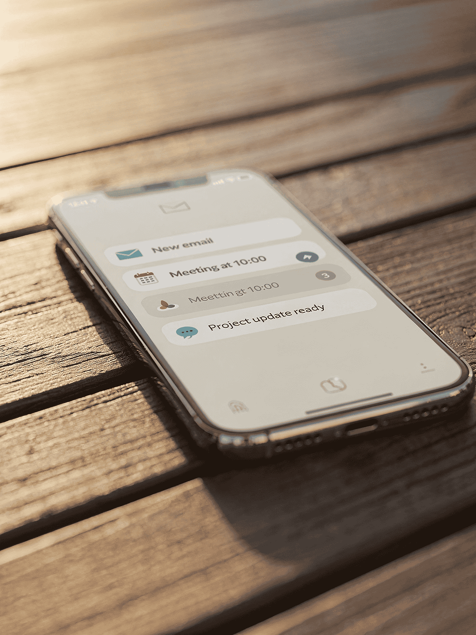 Ein silbernes Handy liegt auf einem Holztisch. Das Display ist an und man sieht mehere Benachrichtigungen. Wir leben in einem Zeitalter der mentalen Überlastung. konzentriert-arbeiten-lernen.