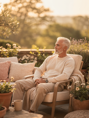 Ein Mann, mittleren Alters, weissen Haaren und Bart, sitzt auf einen gepolsterteten Gartenstuhl, auf einer Terasse. Um ihnherum sind Blumen in Blumentöpfen zu sehen, im Hintergrund verschwommen Bäume. Vor ihm steht ein Holztisch -Gedanken stoppen und Grübeln beenden