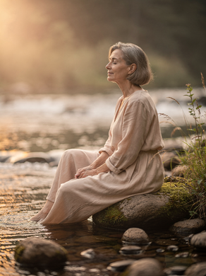 Eine Frau, Mitte 50 mit kurzen, glatten, leicht grauen Haaren, sitzt auf einem Stein, an einem Bach. Sie trägt ein langes, dünnes, hellbraunes Sommerkleid. Ihre Augen sind geschlossen, sie denkt nach. Es sind Steine im Bachbett zu sehen. Hinter ihr befinden sich früne Pflanzen. Im Bach spiegelt sich das Sonnenlicht. Oben links, scheint schemenhaft Sonnenlicht in das Bild. gedanken-loslassen-lernen.