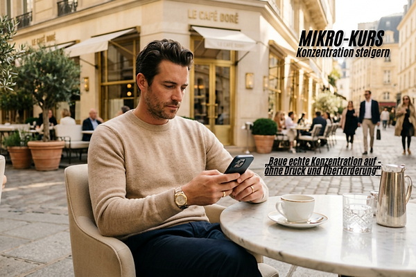 Ein Mann, Anfang 40, mit dunklen Haaren und Bartschatten, sitzt in einem gepolsterten Stuhl, in einem Strassencafe. Er hält ein Handy in den Händen und schaut drauf. Er trägt einen hellen Pullover und eine blaue Hose. Am rechten Handgelenk befindet sich eine goldene Uhr. Vor ihm steht ein runder Mamortisch auf dem eine Kaffeekänchen und eine Tasse Kaffe stehen. Die Szene ist in einer Fussgängerzone. Hinter ihm ist ein Eckhaus zu sehen, in dem sich das Cafe befindet. Das Gebäude ist in einem hellen Braunton, die Fenster und Türen sind goldfarben. Bei dem Cafe sitzen ebenfalls Menschen an Tischen. Es sin einige Personen zu sehen, die die Fussgängerzone entlang gehen. Rechts oben steht: Mikro-Kurs, Konzentration steigern. Weiter unten steht: Baue echte Konzentration auf, ohne Druck und Überforderung. ohne-Stress-arbeiten-besser-konzentrieren
